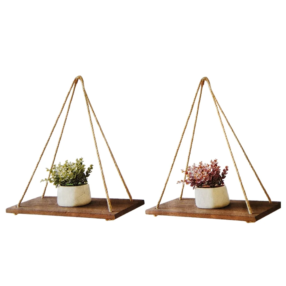 Set of Two Distressed Wood Hanging Swing Rope‎ Floating Shelves 17x8x18in